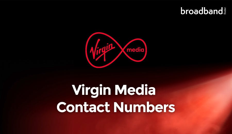 Virgin Media logo on a red and black background, with the title 'Virgin Media Contact Numbers'.