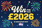 The title, Win the Year £2026, in association with Sky, surrounded by fireworks