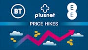 The BT, EE and Plusnet logos, accompanied by an arrow trending upwards into the clouds, and scattered coins