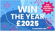 Stylised text reading 'Win the Year £2025 In association with Sky' and 'Our biggest ever prize draw' in a star